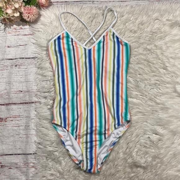 Shoshanna Swimwear Rainbow Multi Striped V-neck One Piece Swimsuit - Picture 1 of 11